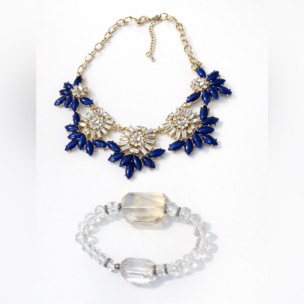 Blue and Gold Statement Necklace and Clear Statement Bracelet Set